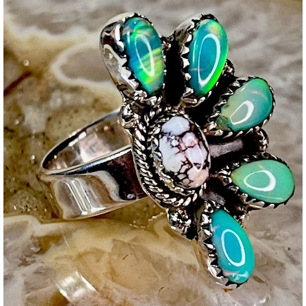 Balloon Opal Wild Horse Turquoise Sterling Cluster Ring Adjust Southwestern 925 - Picture 9 of 15